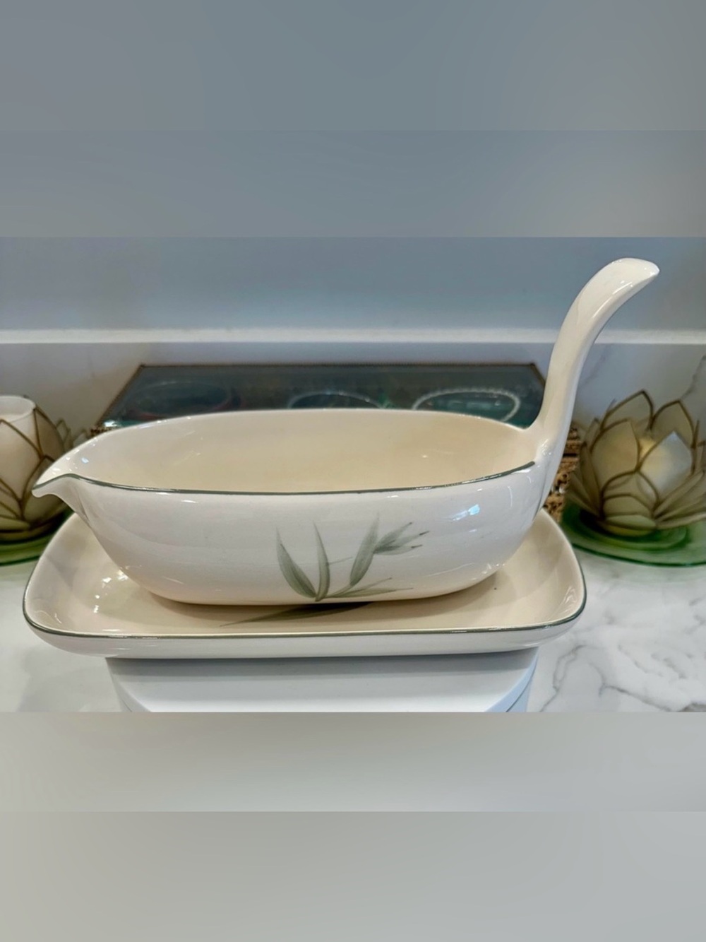 VTG Winfield CA 40s 50s Hand Crafted Bamboo Gravy Boat Complete w Tray Near Mint